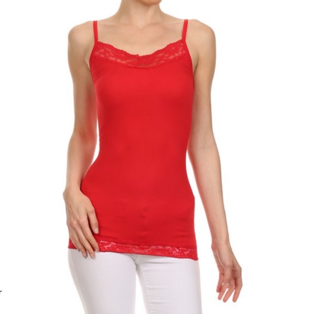 NWT Yelete red Spaghetti Lace Trimmed Long Tank